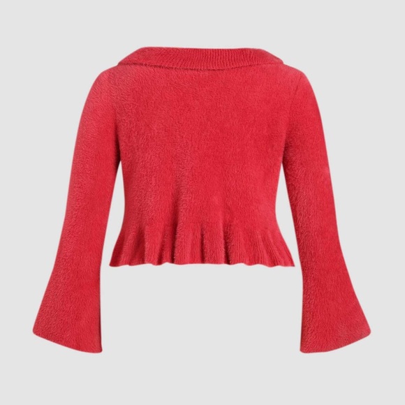NEW CIDER RED SOLID FLUFFY BELL SLEEVE KNIT CROPPED CARDIGAN - Picture 6 of 7